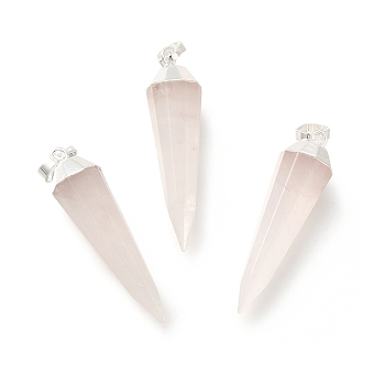 Natural Rose Quartz Pointed Pendants, Faceted Cone Charms, with Brass Findings, Silver, 34x8.5x8mm, Hole: 6.5x4mm