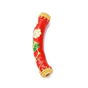 Pack Plating Alloy Enamel Beads, Matte Gold Color, Curved Tube with Flower, Red, 9.5x37x7mm, Hole: 3mm