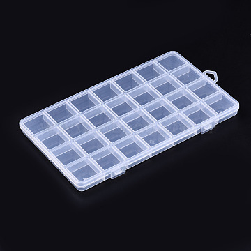 Polypropylene(PP) Bead Storage Containers, 28 Compartments Organizer Boxes, with Hinged Lid, Rectangle, Clear, 22.5x13.3x1.4cm, Hole: 16.5x6.5mm, Compartment: 3x3cm(CON-S043-031)