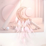 Moon with Tree of Life Wrapped Natural Rose Quartz Chips Woven Web/Net with Feather Decorations, Car Hanging Decorations, 600x160mm(PW-WG37965-07)