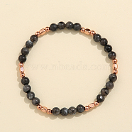 Natural Larvikite & Brass Bead Stretch Bracelets for Women, Rose Gold, 6-7/8 inch(17.5cm)(HH3302-1)