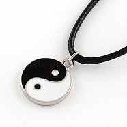 Feng Shui Yin Yang Platinum Plated Zinc Alloy Enamel Pendant Necklaces with Waxed Cord and Iron End Extender Chains, Black, 17 inch(X-NJEW-R228-66P)