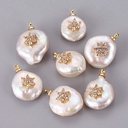 Natural Cultured Freshwater Pearl Pendants, with Brass Cubic Zirconia Cabochons, Long-Lasting Plated, Nuggets with Flower, Real 18K Gold Plated, 15~19x10~14x7~10mm, Hole: 1.4~1.5mm(PEAR-F008-52G)