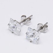 Cubic Zirconia Ear Studs, with Stainless Steel Base, Stainless Steel Color, 7x7mm, Pin: 0.7mm(STAS-E051-2D)