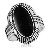 925 Sterling Silver Adjustable Ring, Natural Black Garnet Oval Chunky Ring for Women, Antique Silver, US Size 5 1/4(15.9mm)(JR899A)