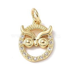 Brass Micro Pave Cubic Zirconia Charms, with Jump Ring, Owl Charms, Real 18K Gold Plated, 14x10.5x2mm, Hole: 3mm(ZIRC-F131-22G)