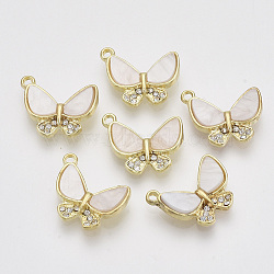 Alloy Pendants, with Plastic and Crystal Rhinestone, Butterfly, Golden, Lavender Blush, 14.5x17x3.5~4.5mm, Hole: 1.4mm(X-ALRI-N032-01)