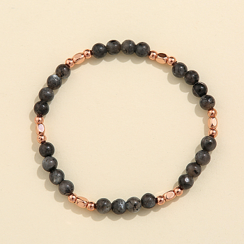 Natural Larvikite & Brass Bead Stretch Bracelets for Women, Rose Gold, 6-7/8 inch(17.5cm)