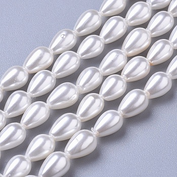 Polished Shell Pearl Beads Strands, Teardrop, White, 7x4.5mm, Hole: 0.6mm, about 56pcs/strand, 15.7 inch(40cm)