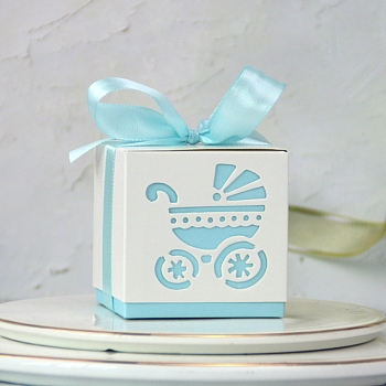 Hollow Stroller BB Car Carriage Candy Box wedding party gifts with Ribbons, Aqua, 6x6x6cm