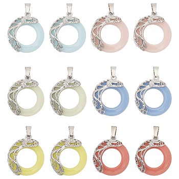 12Pcs 6 Colors Synthetic Luminous Stone Pendants, Glow in Dark, Platinum Plated Alloy Dragon Donut Charms, Dyed, Mixed Color, 38x27x7.5mm, Hole: 7x4.5mm, 2pcs/color