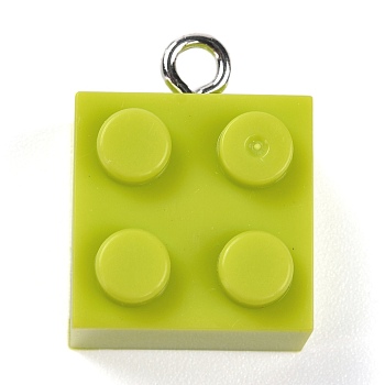 Resin Pendants, with Platinum Iron Loop, Toy Bricks, Yellow Green, 21x15.5x11mm, Hole: 2.6mm