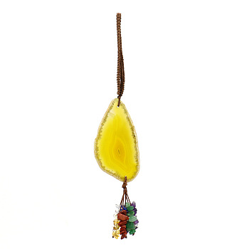 Natural Agate Slice Pendant Decorations, Braided Polyester Thread and Gemstone Chip Tassel Hanging Ornaments, Yellow, 205~210mm