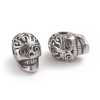 Halloween 304 Stainless Steel Beads, Skull Head, Antique Silver, 11.2x7.8x9mm, Hole: 2.4mm