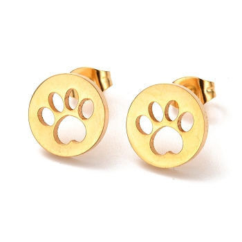 Ion Plating(IP) 304 Stainless Steel Stud Earrings, Flat Round with Dog Paw Prints, Golden, 11mm, Pin: 0.8mm