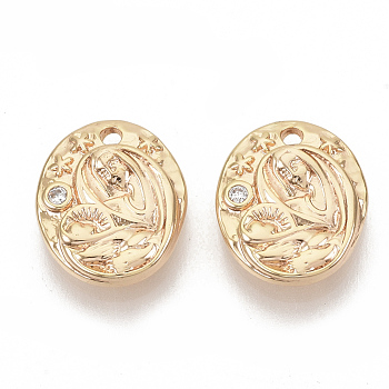 Brass Micro Pave Cubic Zirconia Charms, Nickel Free, Oval, Clear, Real 18K Gold Plated, 13.5x11.5x3mm, Hole: 1.4mm