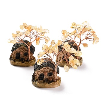 Resin & Natural Citrine Model Ornament, House & Trees, Reiki Spiritual Energy Tree, for Desk Home Decoration, 37~52x31~33x67~70mm