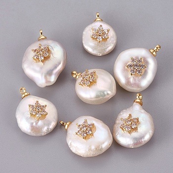 Natural Cultured Freshwater Pearl Pendants, with Brass Cubic Zirconia Cabochons, Long-Lasting Plated, Nuggets with Flower, Real 18K Gold Plated, 15~19x10~14x7~10mm, Hole: 1.4~1.5mm