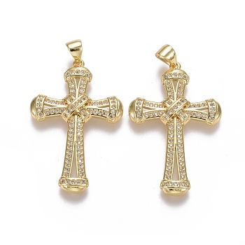 Brass Micro Pave Cubic Zirconia Pendants, Cross, Clear, Real 18K Gold Plated, 34.5x22x3.5mm, Hole: 3.5x5mm