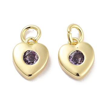 Brass Micro Pave Cubic Zirconia Charms, with Jump Ring, Heart, Real 18K Gold Plated, Purple, 8x6.5x2.5mm, Hole: 2.5mm