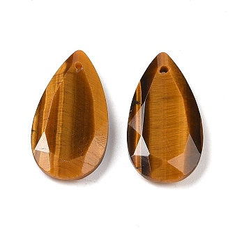 Natural Tiger Eye Pendants, Faceted Teardrop Charms, 24.5x13x4mm, Hole: 1mm