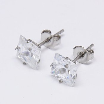 Cubic Zirconia Ear Studs, with Stainless Steel Base, Stainless Steel Color, 7x7mm, Pin: 0.7mm