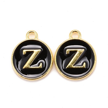Golden Plated Alloy Charms, Cadmium Free & Lead Free, with Enamel, Enamelled Sequins, Flat Round with Letter, Black, Letter.Z, 14x12x2mm, Hole: 1.5mm