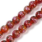 Handmade Glod Sand Lampwork Beads Strands, Round with Flower, FireBrick, 10mm, Hole: 1mm, about 40pcs/strand, 14.96''(38cm)(LAMP-B028-03C-10mm)
