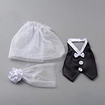 Organza & Cloth Bride and Groom Wine Bottle Cover, Wedding Gift Wine Wrap, with Plastic Buttons, Black, 160~185x93~154x3~23mm, 3pcs/set(AJEW-WH0258-263)