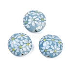 Handmade Porcelain Beads, Hand Painted Ceramic Beads, Flat Round with Flower, Famille Rose Porcelain, Light Sky Blue, 18.5x9~10mm, Hole: 1.6mm(PORC-I029-08B)