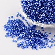 Round Glass Seed Beads, Trans. Colours Lustered, Blue, Size: about 2mm in diameter, hole: 1mm, about 3306pcs/50g(X-SEED-A006-2mm-108)