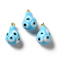 Handmade Evil Eye Lampwork Pendants, with Rack Plating Brass Findings, Long-Lasting Plated, Teardop, Deep Sky Blue, 22.5~24x15~16mm, Hole: 3.5X4.5mm(LAMP-F026-04C)