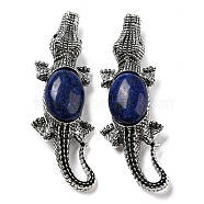 Dual-use Items Alloy Crocodile Brooch, with Natural Lapis Lazuli, Antique Silver, 67.5x24x10mm, hole: 4x3.5mm(JEWB-C026-01D-AS)