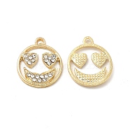 Alloy Crystal Rhinestone Pendants, Flat Round Charms with Smiling Face, Nickel, Light Gold, 19.5x16x1.5mm, Hole: 1.8mm(FIND-H039-58LG)