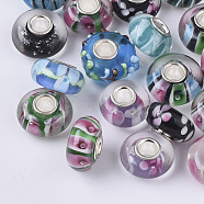 Handmade Lampwork European Beads, Large Hole Beads, with Silver Color Plated Brass Single Cores, Rondelle, Mixed Color, 14x7.5mm, Hole: 4mm(LAMP-S193-007)