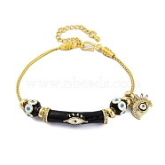 Brass European Bracelets, with Enamel Beads and Cubic Zirconia, Real 18K Gold Plated, Black, 7-1/2 inch(19cm)(BJEW-C080-02G-01)