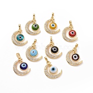 Brass Micro Pave Cubic Zirconia Pendants, with Handmade Evil Eye Lampwork, Crescent Moon Charm, Real 18K Gold Plated, Mixed Color, 23x16x4mm, Hole: 4x6mm(ZIRC-F136-06G)