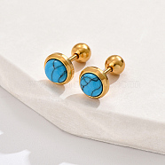 Real 18K Gold Plated 304 Stainless Steel Flat Round Stud Earrings, with Plastic, Deep Sky Blue, 8mm(ZB4928-4)