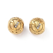 304 Stainless Steel Rhinestone European Beads, Round Large Hole Beads, Real 18K Gold Plated, Round with Letter, Letter V, 11x10mm, Hole: 4mm(STAS-A092-10V-G)