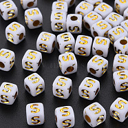 Opaque White Acrylic Beads, Metal Enlaced, Cube with Letters, Letter.S, 4.5mm, Hole: 2mm, about 5000pcs/500g(MACR-Q242-010S)