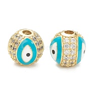 Brass Micro Pave Cubic Zirconia Charms, with Enamel,  Long-Lasting Plated, Flat Round with Evil Eye, Real 18K Gold Plated  , Dark Turquoise, 10mm, Hole: 2mm(ZIRC-A019-16G-B03)