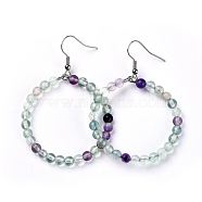 Natural Fluorite Dangle Earrings, with Stainless Steel Hook, Ring, 60~61x44mm, Pin: 0.6mm(EJEW-K077-A05)