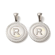 304 Stainless Steel Pendants, Flat Round Shell Charms with Letter, Stainless Steel Color, Letter R, 20.5x17.5x1.5mm, Hole: 2.5x4.5mm(STAS-I204-R-P)