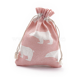 Polycotton(Polyester Cotton) Packing Pouches Drawstring Bags, with Printed White Bear, Pink, 18x13cm(ABAG-S003-01B)