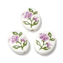 Hand Painted Oval Porcelain Beads, Flower Pattern Ceramic Beads , Purple, 21.5x17x7.5mm, Hole: 2.4mm(PR-CBA03B0-01C)