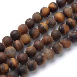 Natural Tiger Eye Round Bead Strands, Frosted Style, 10~10.5mm, Hole: 1.2mm, about 37~40pcs/strand, 14.9~15.1 inch(38~38.5cm)(G-T055-10mm-04)