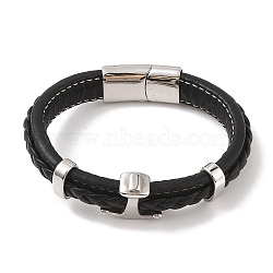 Braided Microfiber Leather Cord Bracelets, 304 Stainless Steel Anchor Bracelets for Men, Stainless Steel Color, 8-1/8 inch(20.5cm)(BJEW-B096-14P)