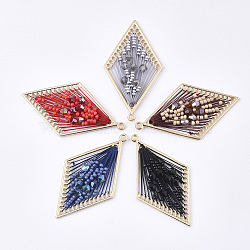 Polyester Thread Woven Big Pendants, with Glass and Golden Plated Alloy Findings, Long-Lasting Plated, Rhombus, Mixed Color, 55.5x31x4mm, Hole: 1.8mm(FIND-S319-15)