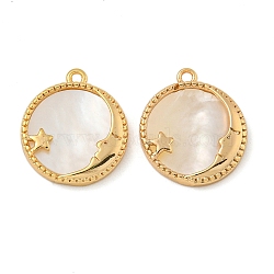 Brass Shell Pendants, Cadmium Free & Nickel Free & Lead Free, Round with Moon, Real 18K Gold Plated, 13x11.5x2.2mm, Hole: 0.9mm(KK-N254-115G)