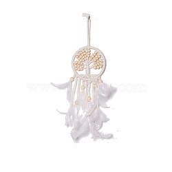 Iron Woven Web/Net with Feather Pendant Decorations, with Wood Beads, Covered Wax Cord, Flat Round, White, 110mm(PW-WG64353-01)